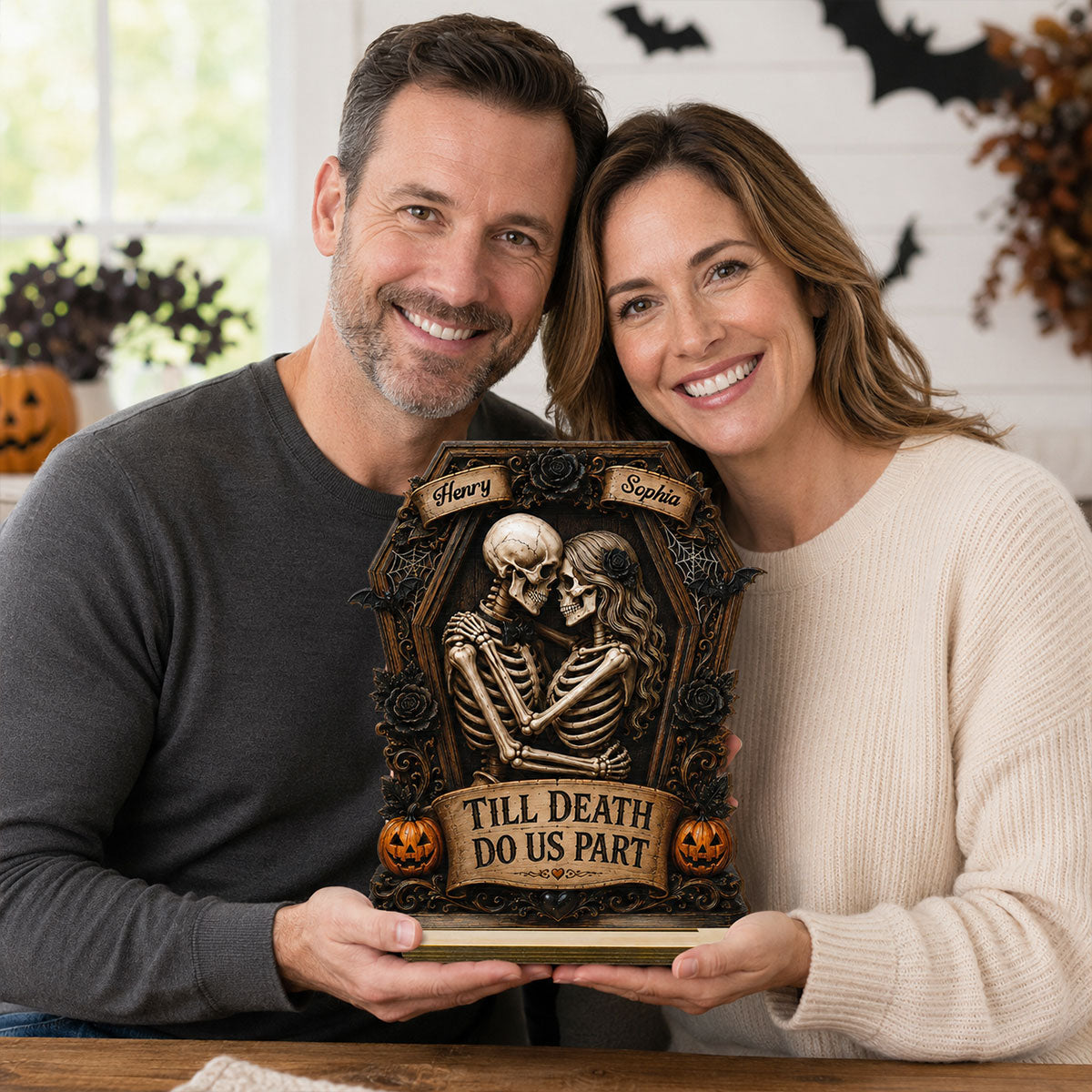 Till Death Do Us Part Skeleton Couple In Coffin 2D Flat - Personalized 2-Layered Wooden Plaque - Halloween Decor For Couple