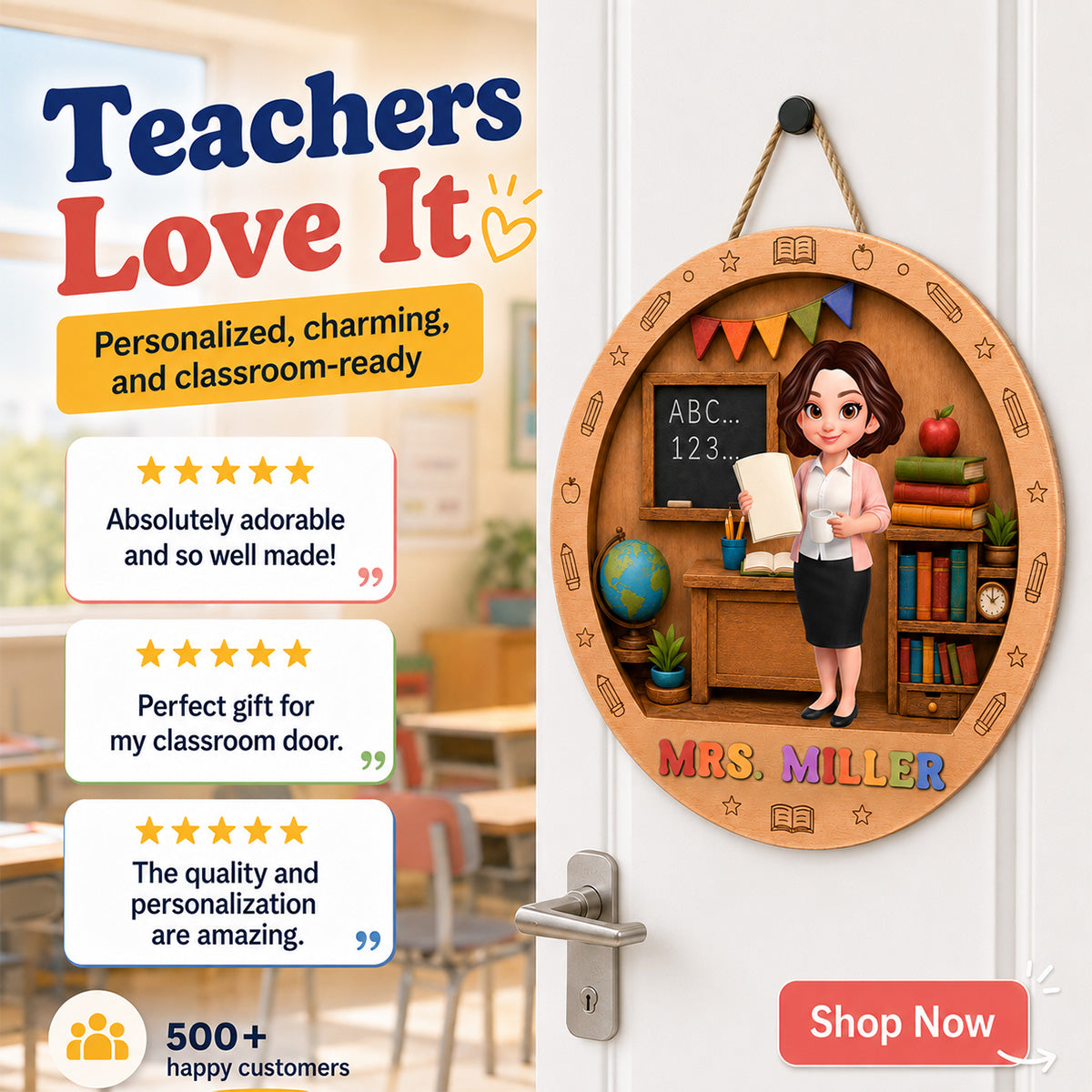 Teacher In Classroom 3D Design - Personalized 2-Layered Wood Sign - Back To School Gift For Teacher