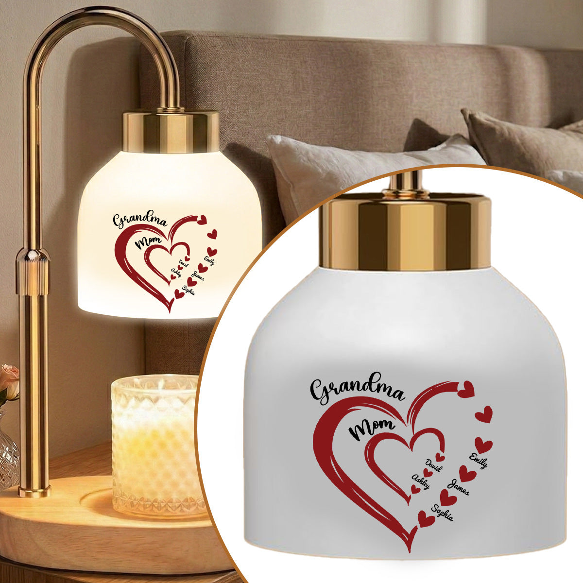 Grandma Mom Heart Custom Kids Names - Personalized Candle Warmer Lamp - Gift For Grandma, Mom