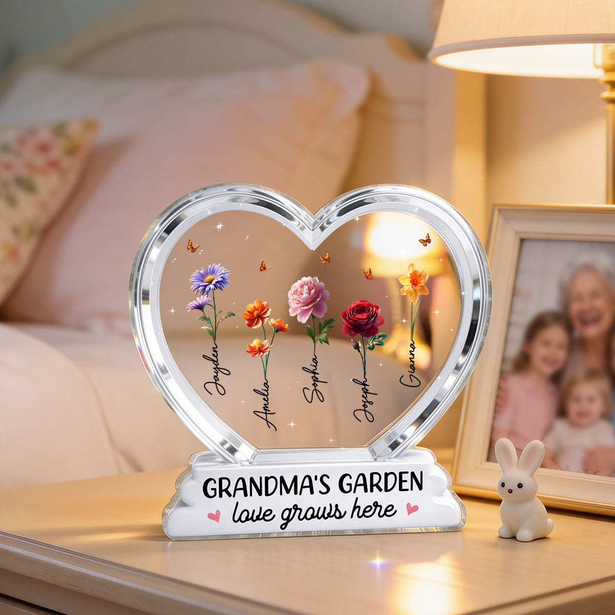 Grandma's Garden Birth Month Flowers In Heart 2D Flat - Personalized Acrylic Block Plaque - Gift For Grandma