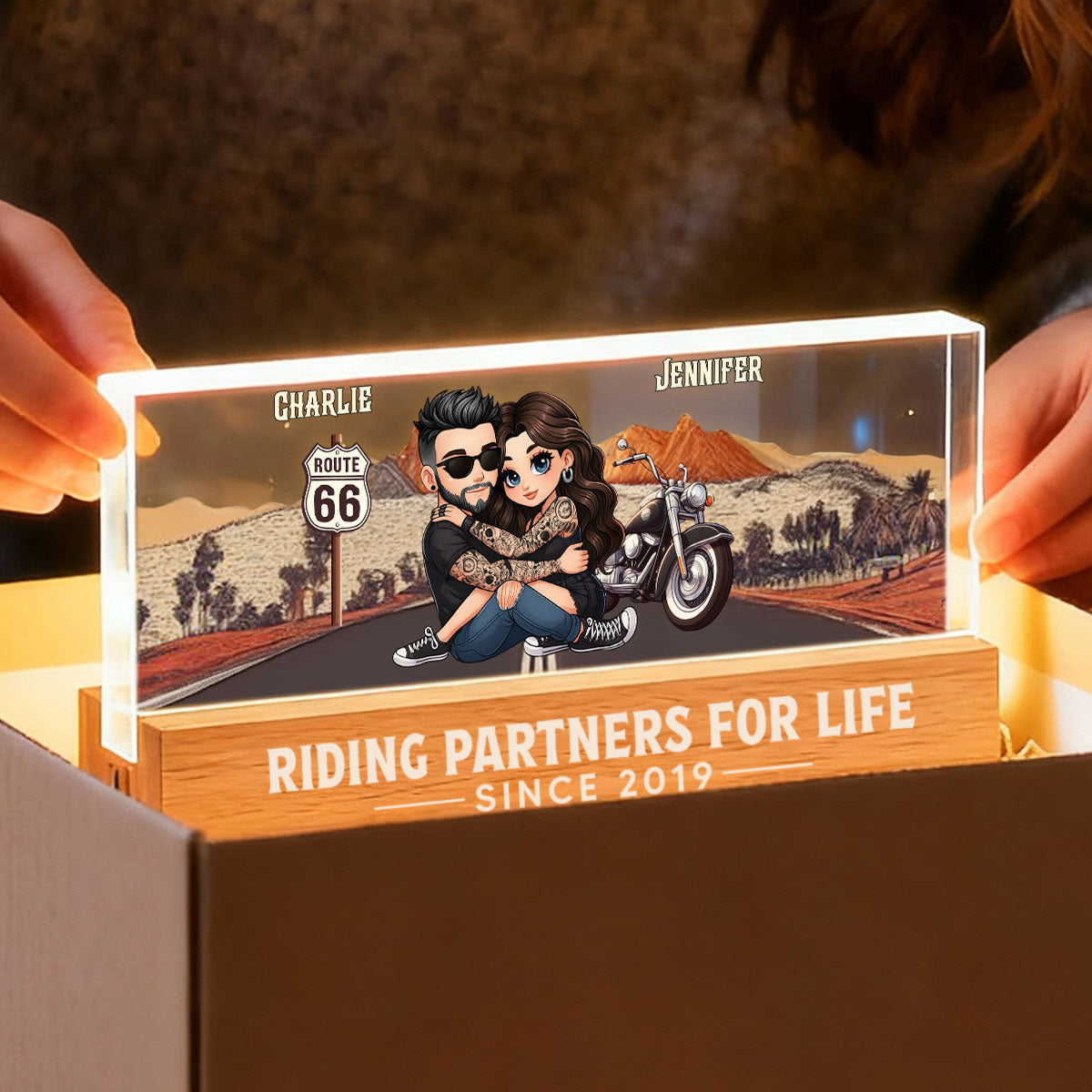 Eternal Love Biker Couple Riding Partners For Life - Personalized Acrylic Block LED Night Light - Gift For Couple, Bikers, Gift For Him, For Her