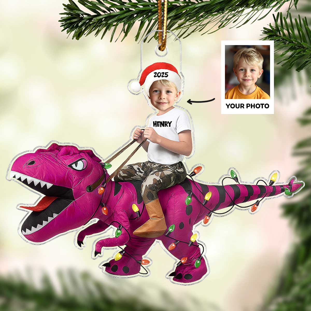 3D Effect Custom Face Kid With Dinosaur - Personalized Acrylic Ornament - Gift For Kids, Granddaughter, Grandson, Daughter, Son