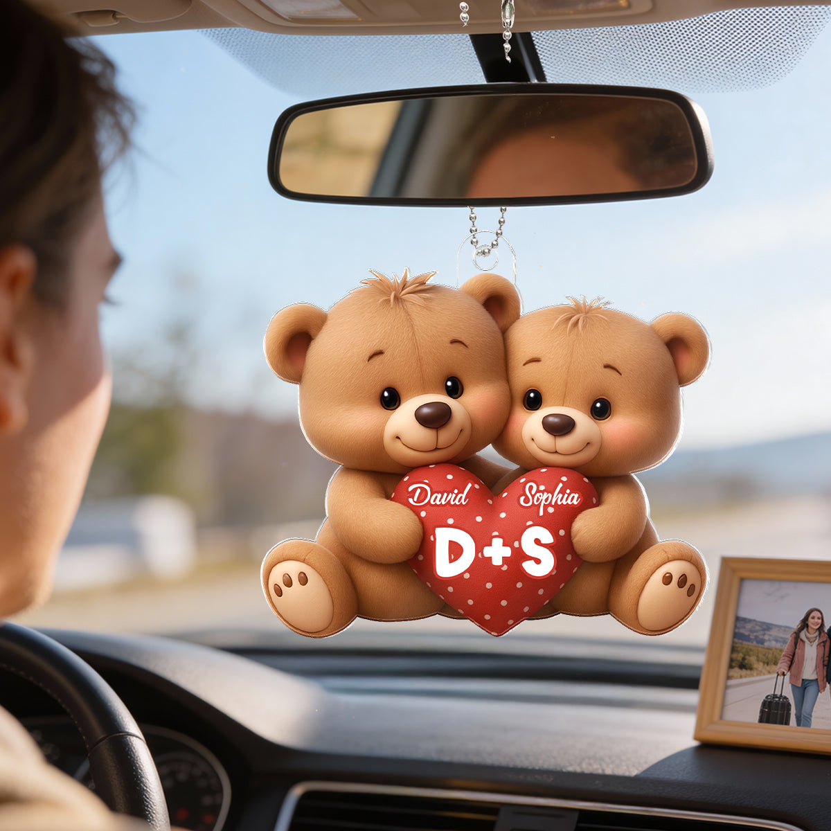 Bear Couple Holding Heart - Personalized Acrylic Car Hanger - Valentine's Day Gift for him, for her