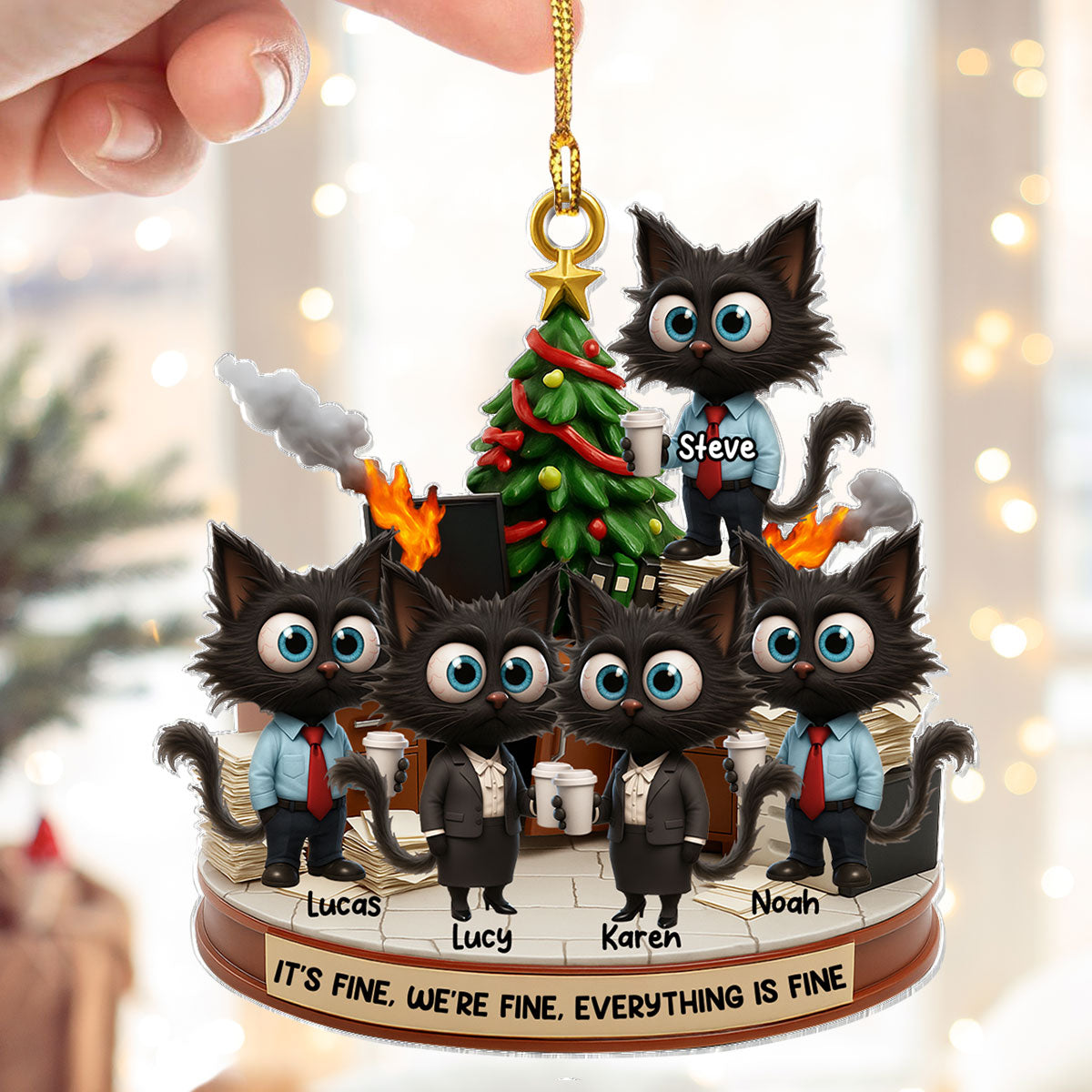 Office Chaos It's Fine We're Fine Funny Cat - Personalized Acrylic Ornament - Christmas Gift for Coworkers, White Elephant, Secret Santa Gift