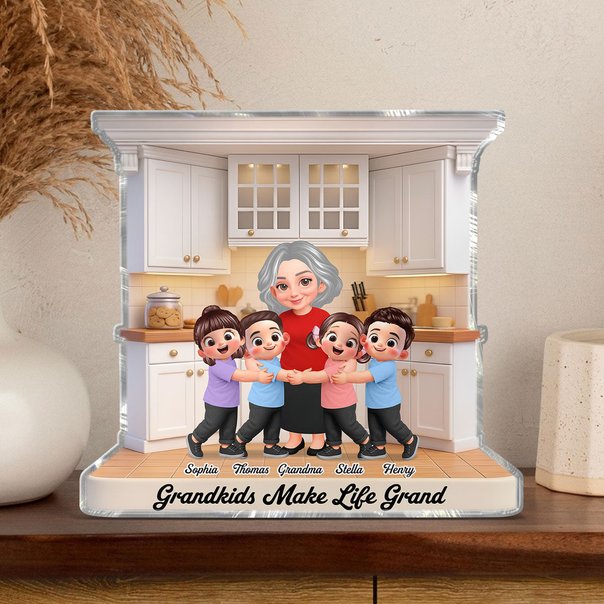 Grandma And Grandkids Happy Together In The Kitchen - Personalized Acrylic Block Plaque - Gift For Grandma