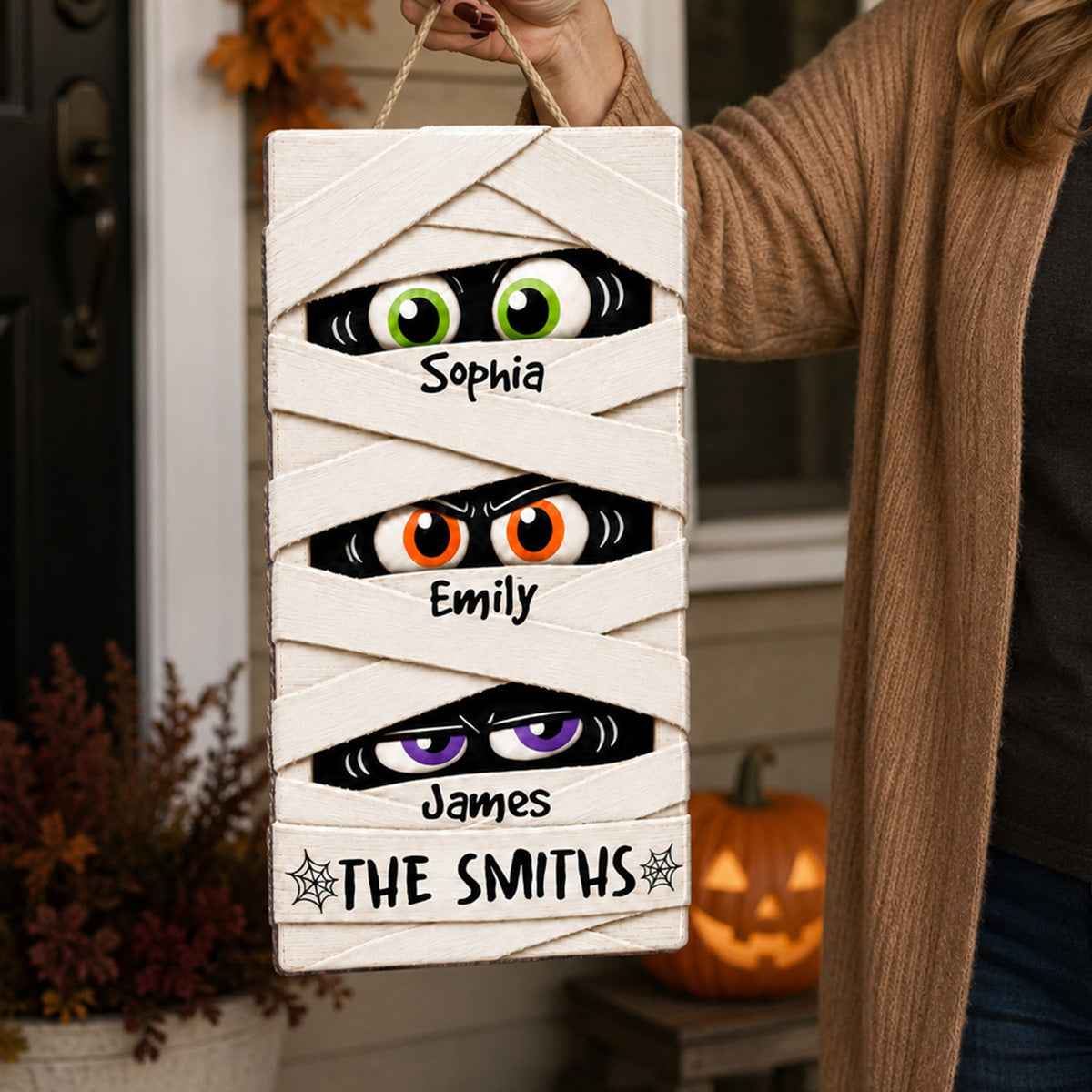 Mummy Family Peeking Eyes 2D Flat - Personalized Wood Sign - Funny Halloween Family Decoration