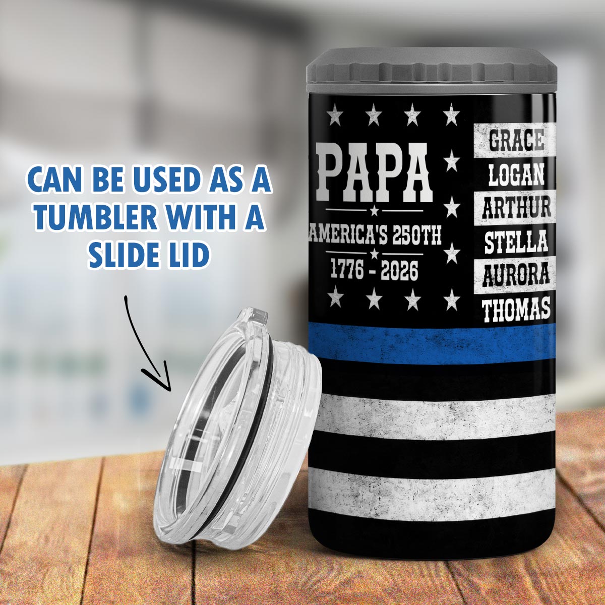 Proud American Dad Grandpa Custom Kids Name - Personalized 4-in-1 Can Cooler