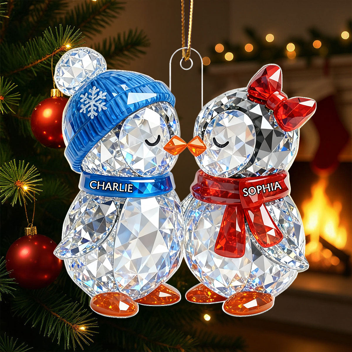 3D Crystal Effect Christmas Penguins Couple - Personalized Acrylic Ornament - Heartwarming Christmas Gift for Couple