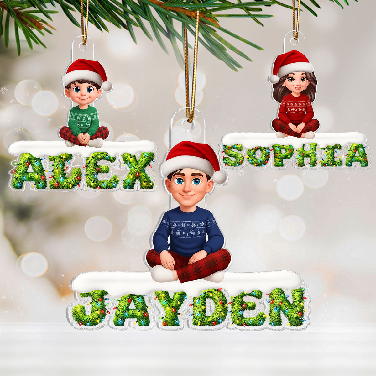 3D Effect Festive Green Pattern Family Member Name - Personalized Acrylic Ornament - Gift For Family