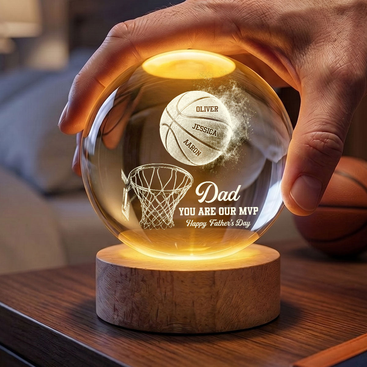 Basketball No 1 Dad Legend You Are Our MVP - Personalized Crystal Ball LED Night Light -  Gift For Dad, Husband, Basketball Fans