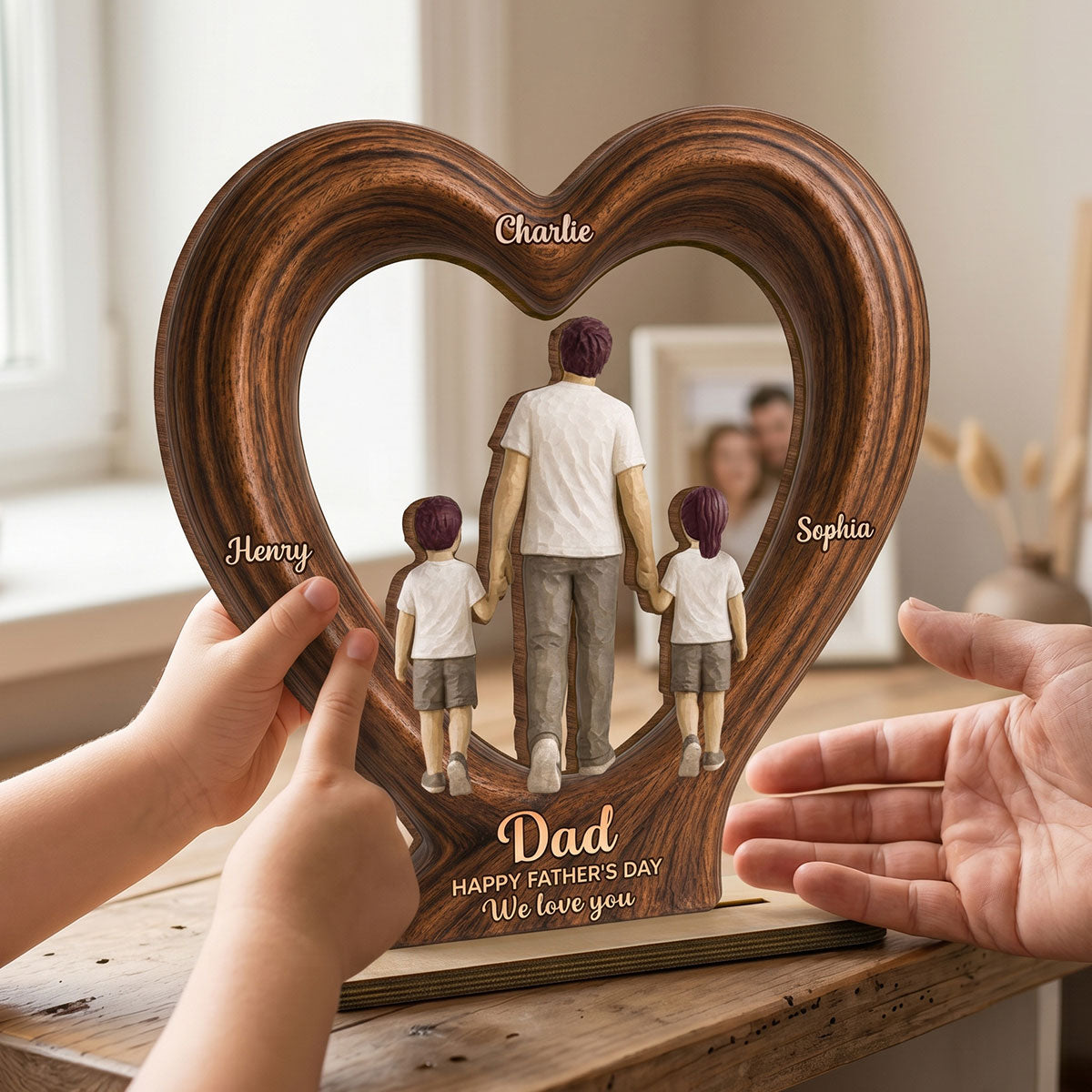 Sentimental Rustic Dad And Kids Walking In Heart 2D Flat - Personalized 2-Layered Wooden Plaque -  Gift For Dad, Husband