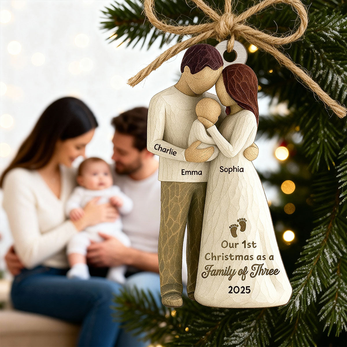 3D Effect First Christmas As Family Of Three Mom Dad & Baby - Personalized Car Hanger