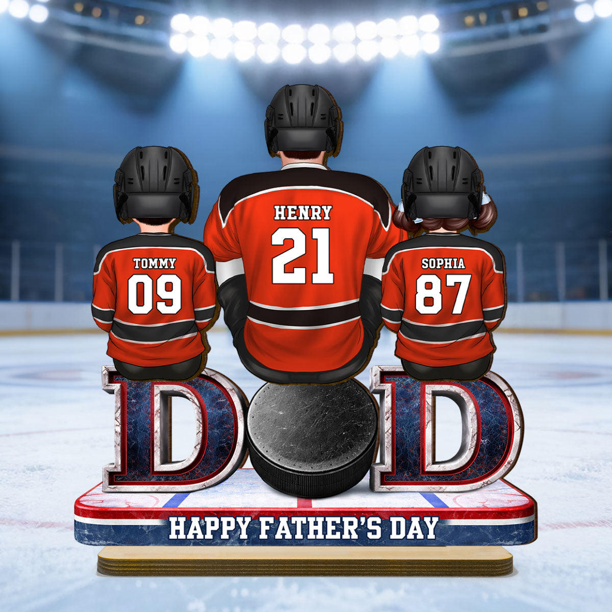 Hockey Dad And Kids Sitting Together - Personalized 2-Layered Wooden Plaque -  Gift, Gift For Hockey Dad, Gift For Husband