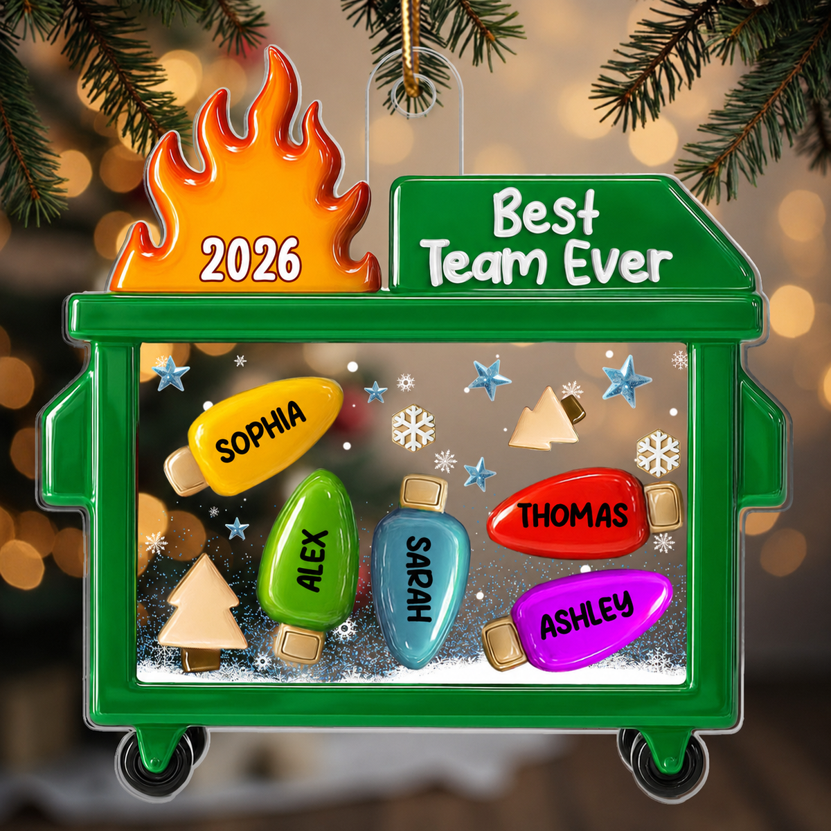 3D Effect Dumpster Fire Best Team Ever - Personalized Acrylic Ornament - Funny Gift For Coworkers, Work Besties