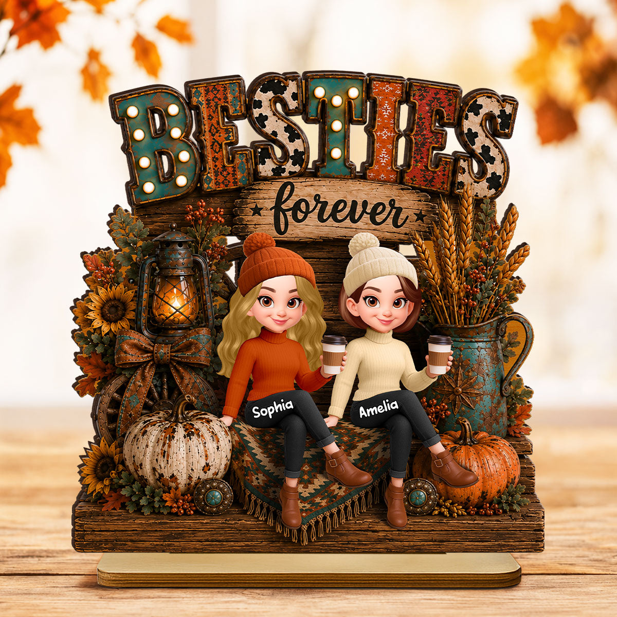Western Fall Vibe Besties Forever - Personalized 2-Layered Wooden Plaque - Cozy Fall Decor for Best Friends