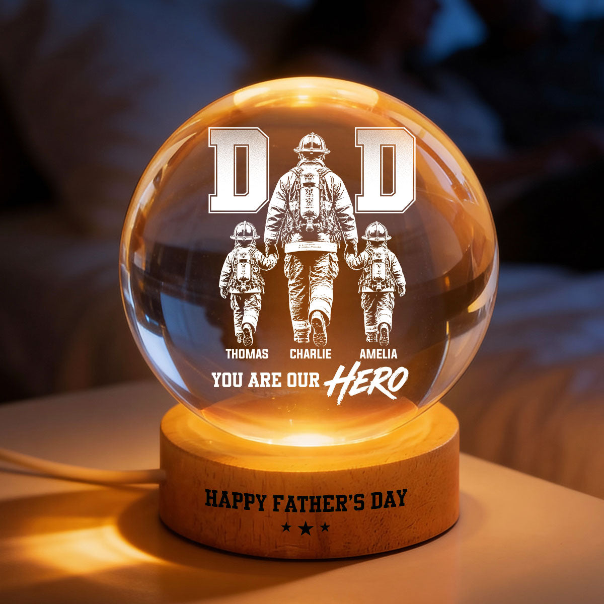 Proud Firefighter Dad You Are Our Hero - Personalized Crystal Ball LED Night Light -  Gift For Dad, Husband