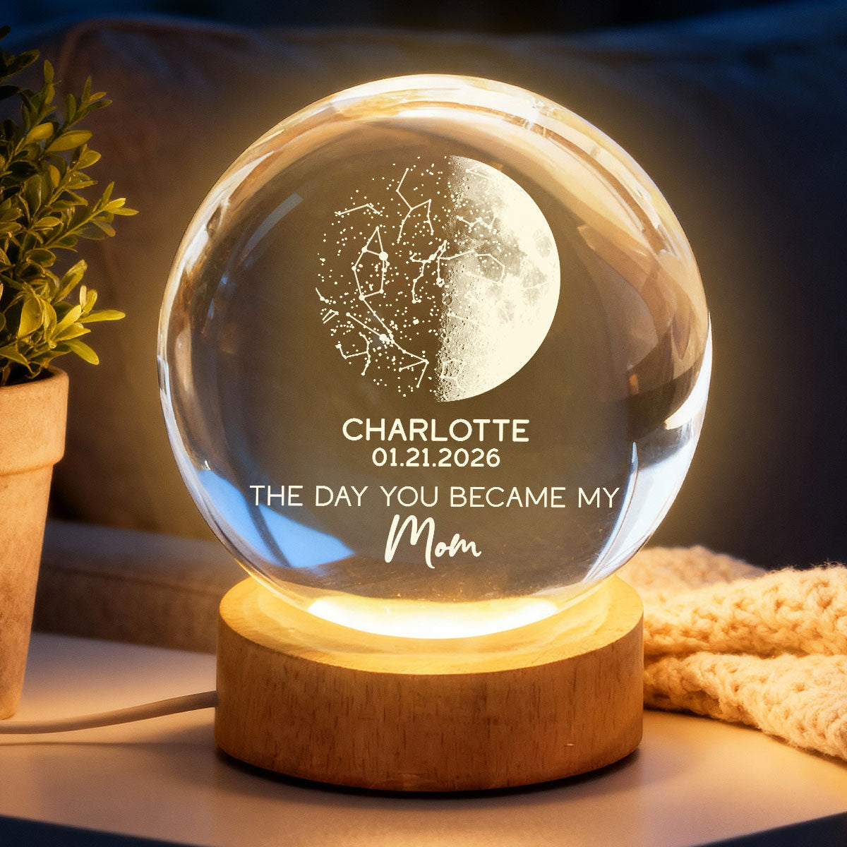 The Days You Became Our Mom Custom Moon Phase And Star Map - Personalized Crystal Ball LED Night Light - Mother's Day Gift For Mom