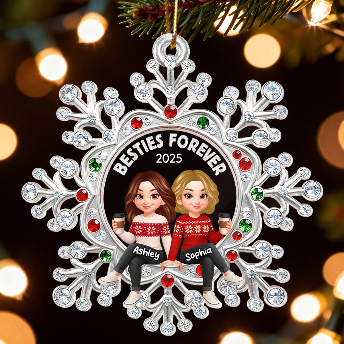 Besties Sitting on Snowflake - Personalized Acrylic Ornament - Christmas GIft for Besties