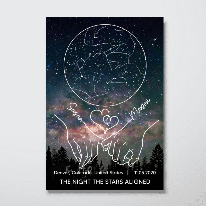 Couple Holding Hands Line Art Custom Star Map Anniversary Date - Personalized Poster - Valentine's Day Gift For Couple