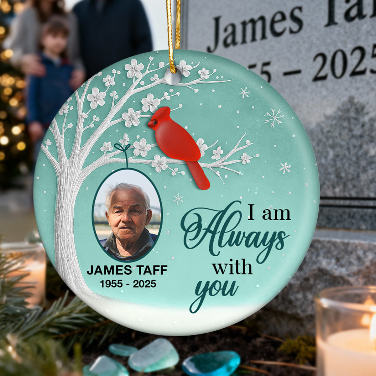 3D Sea Glass Effect Blossom Tree Cardinal Christmas Memorial Upload Photo - Personalized Ceramic Ornament