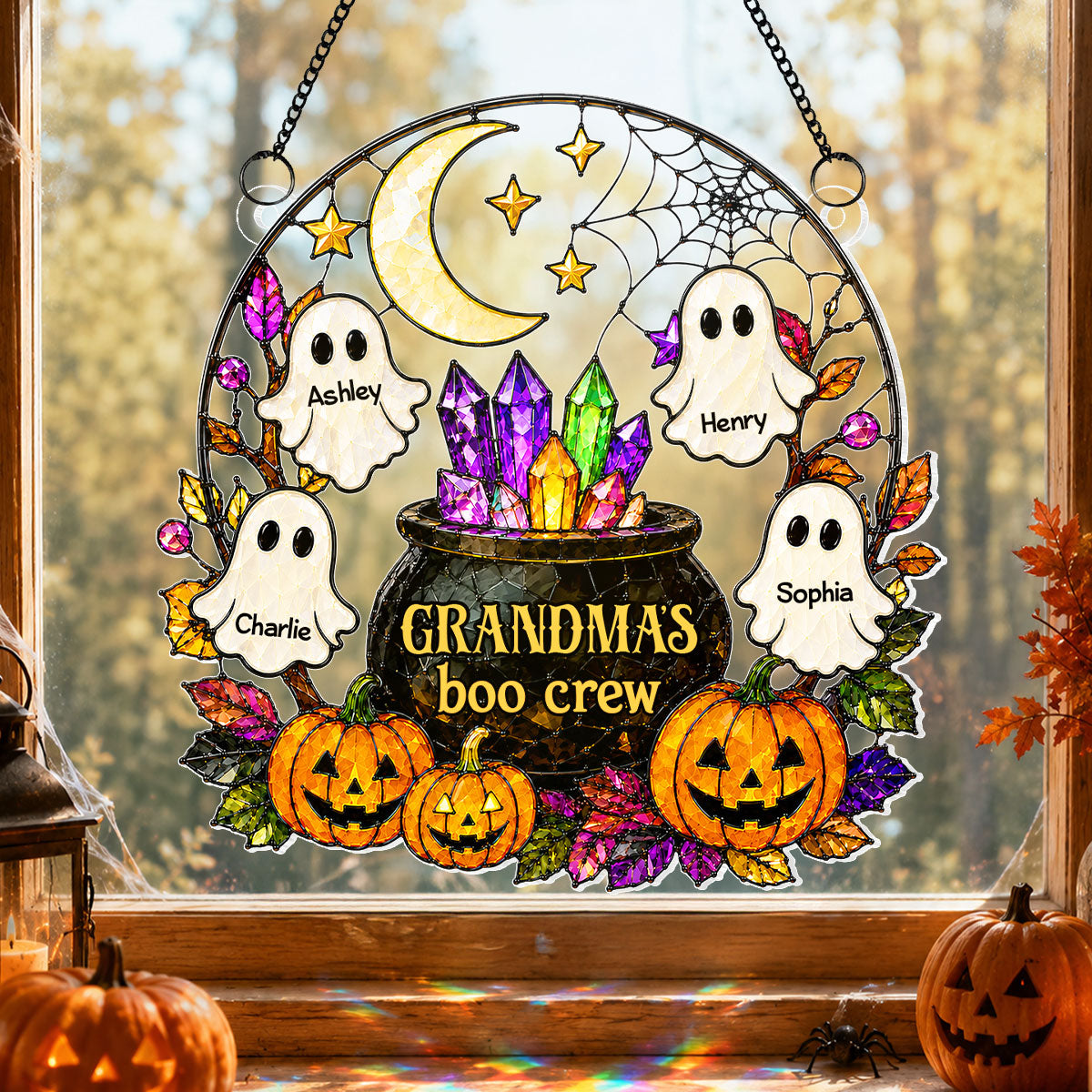 Spooky Grandma's Boo Crew Cauldron - Personalized Acrylic Window Hanging - Halloween Decoration For Grandma