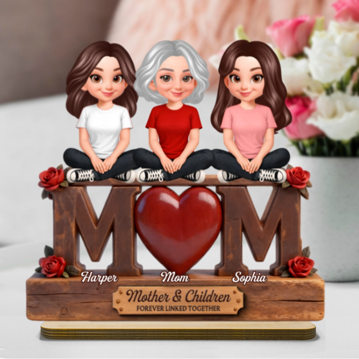 Beautiful Rose Love MOM And Daughters Sons - Personalized 2-Layered Wooden Plaque - Gift For Mom