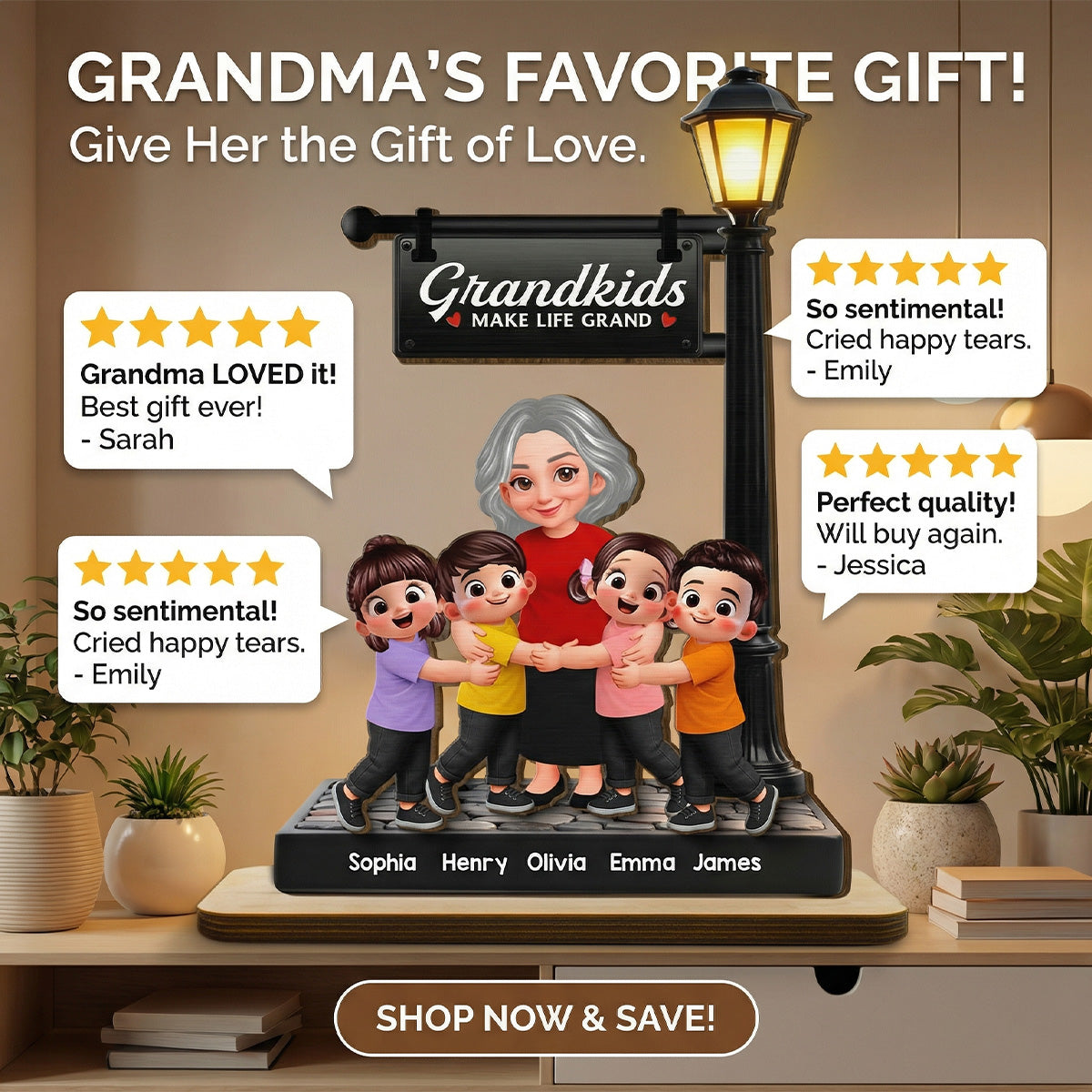 Grandma And Grandkids Happy Together Under Lamp Post - Personalized 2-Layered Wooden Plaque - Gift For Grandma
