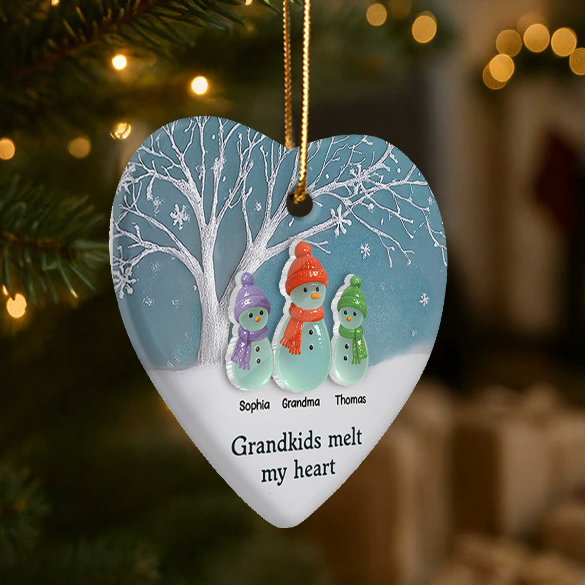3D Sea Glass Effect Snowman Grandma & Grandkids - Personalized Ceramic Ornament With Acrylic Pieces - Christmas Gift For Grandchildren, Grandma