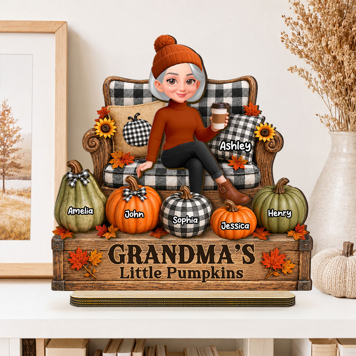 Fall Season Cozy Grandma's Little Pumpkins - Personalized 2-Layered Wooden Plaque - Fall Decor For Grandma