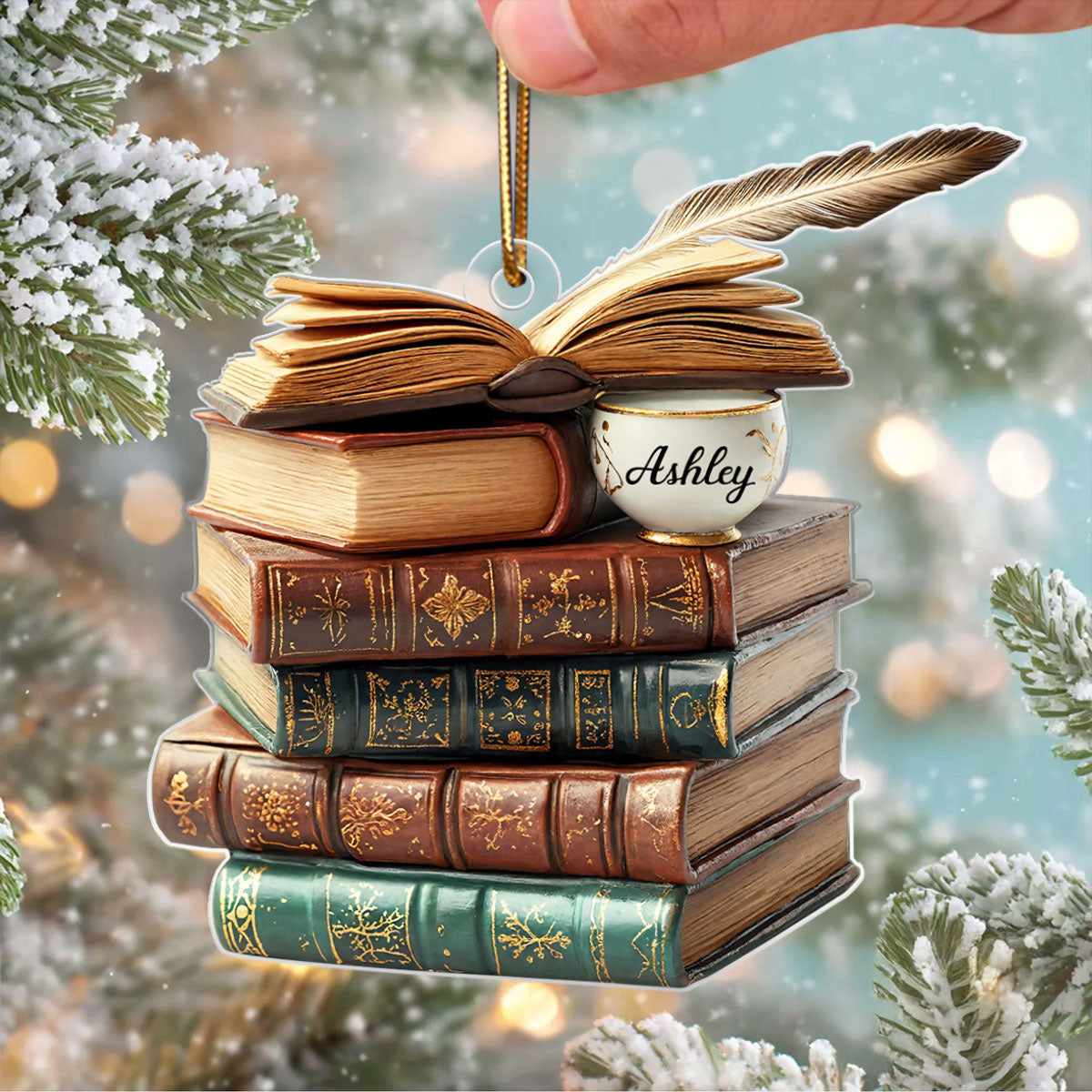 3D Effect Vintage Book Stack Light Bauble - Personalized Acrylic Ornament - Unique Christmas Gift For Book Lovers