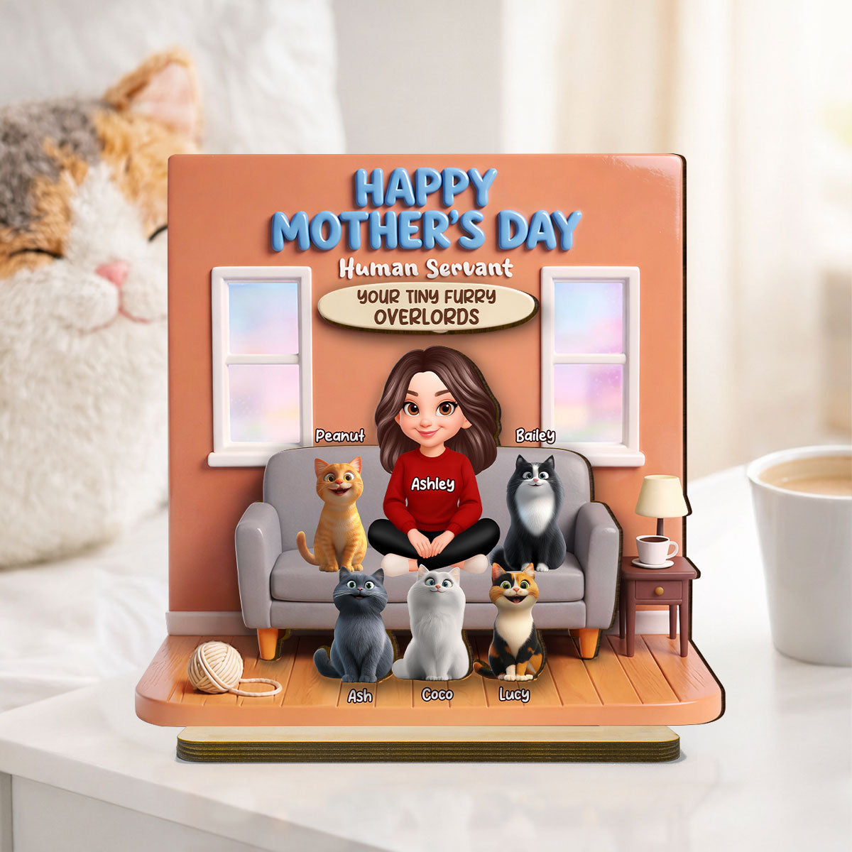 Happy Mother's Day Human Servant - Personalized 2-Layered Wooden Plaque - Gift for Cat Moms