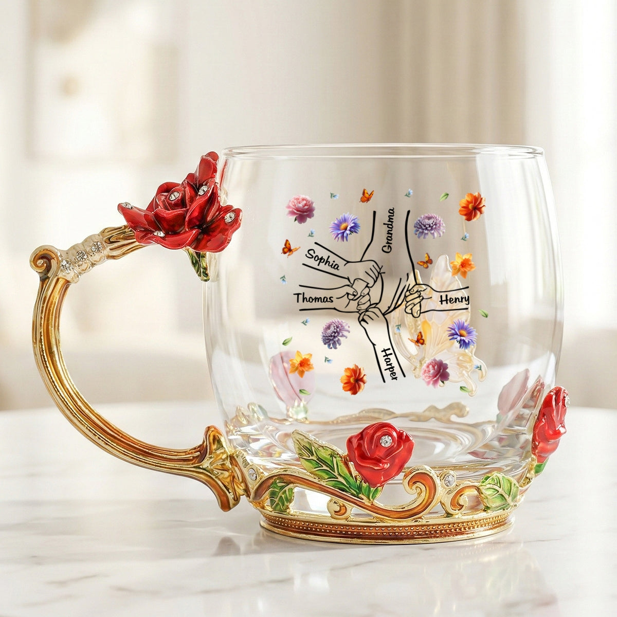 Grandma Mom Holding Kids Hands Birth Month Flowers - Personalized Enamel Flower Tea Cup - Gift For Grandma, Mom
