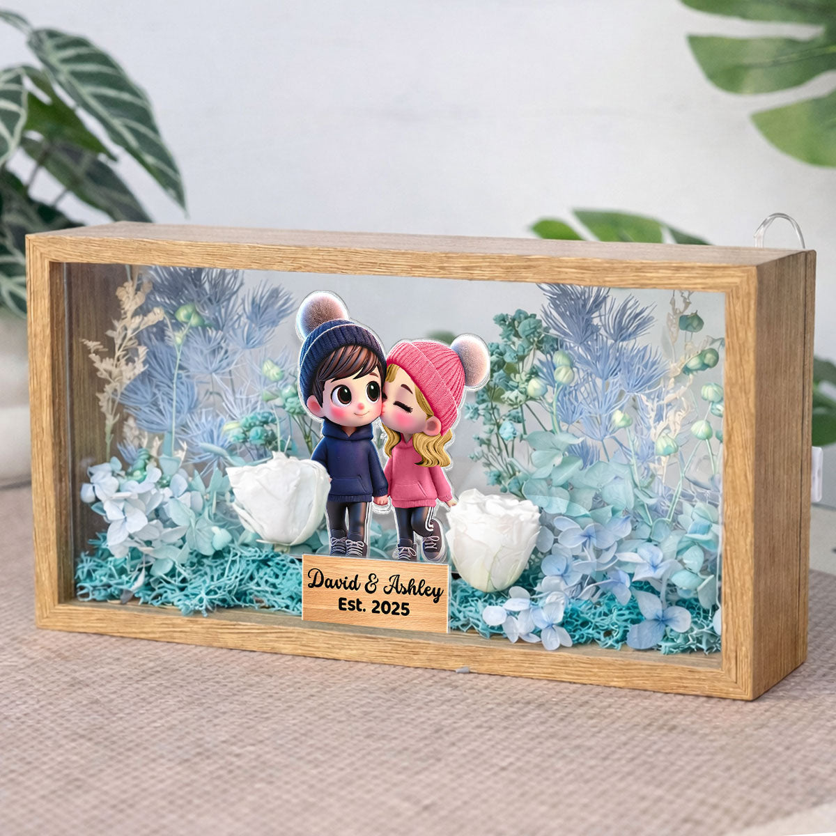 Eternal Love Cute Cartoon Chibi Couple Couple - Personalized DIY Flower Shadow Box LED Night Light - Gift For Couple, For Him, For Her