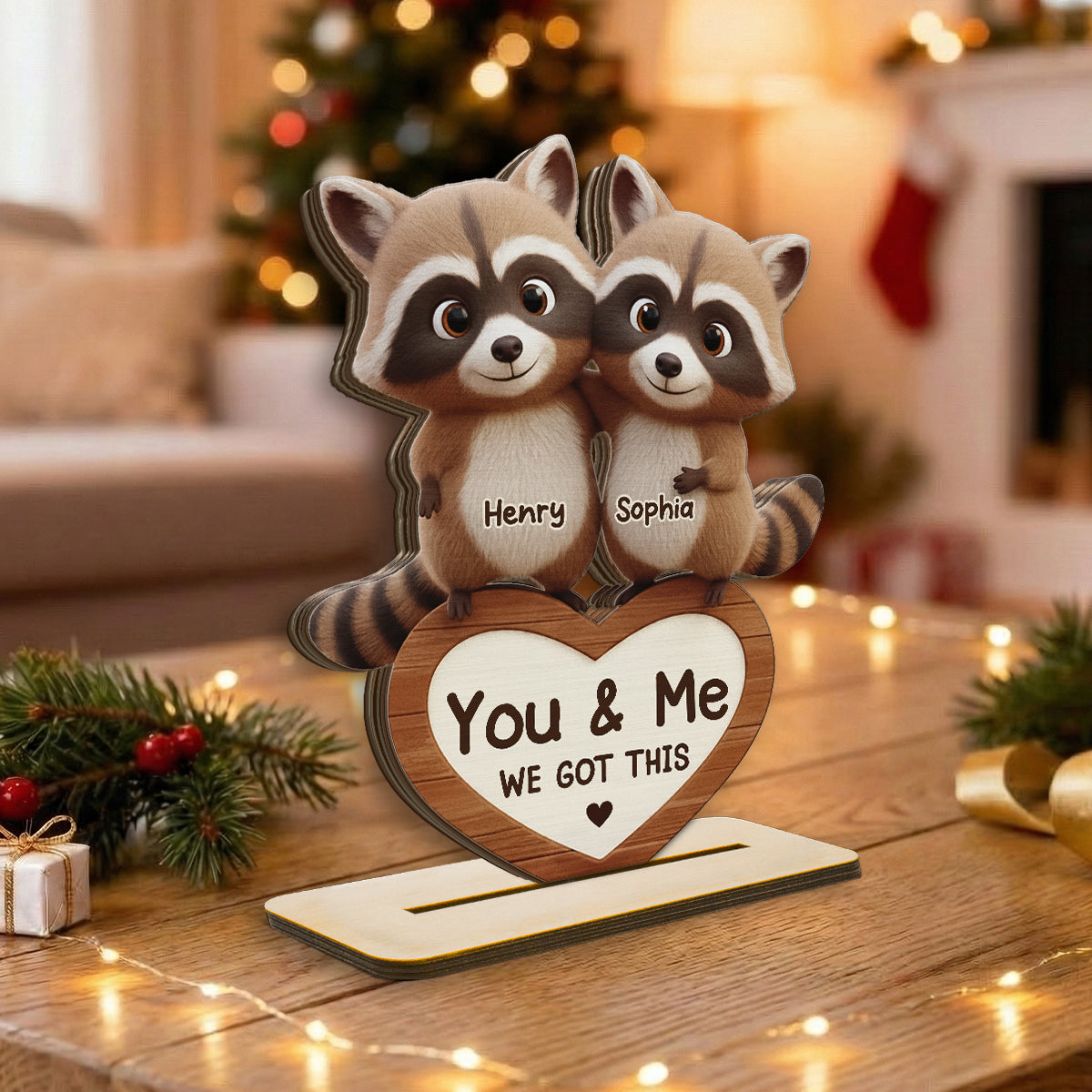 Raccoon Couple Annoying Each Other - Personalized Standing Wooden Plaque - Gift for Couple, Gift for him, Gift for her