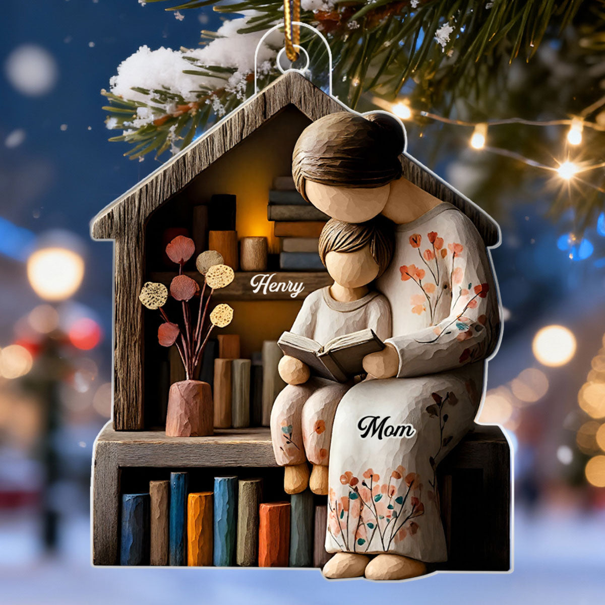 Mom And Daughter Son Reading Book Faux Wood - Personalized Acrylic Ornament - Heartwarming Christmas Gift For Mom, Family