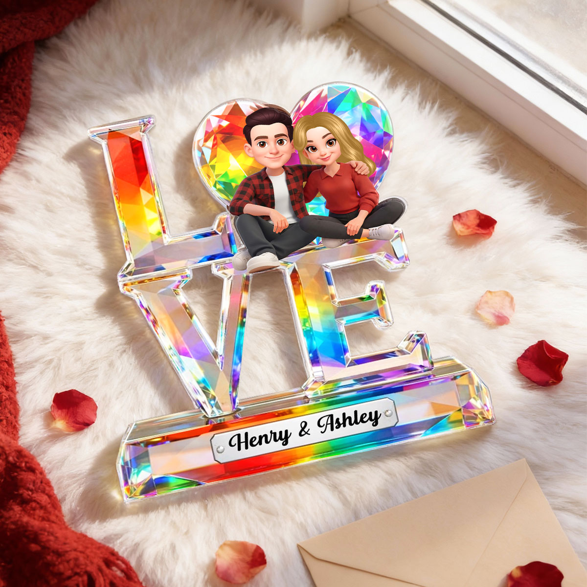 Love Couple Valentine Crystal Pattern - Personalized Acrylic Block Plaque - Anniversary, Valentine's Day Gift, Gift For Him, Gift For Her