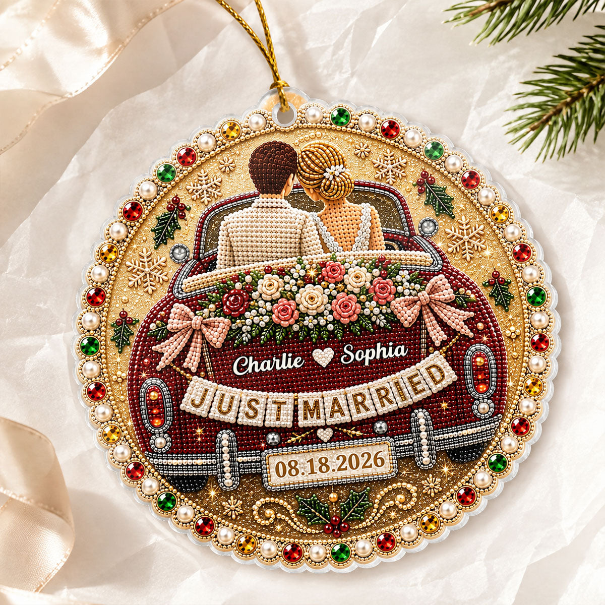 Just Married Wedding Car - Personalized Acrylic Ornament - Christmas Gift For Couple