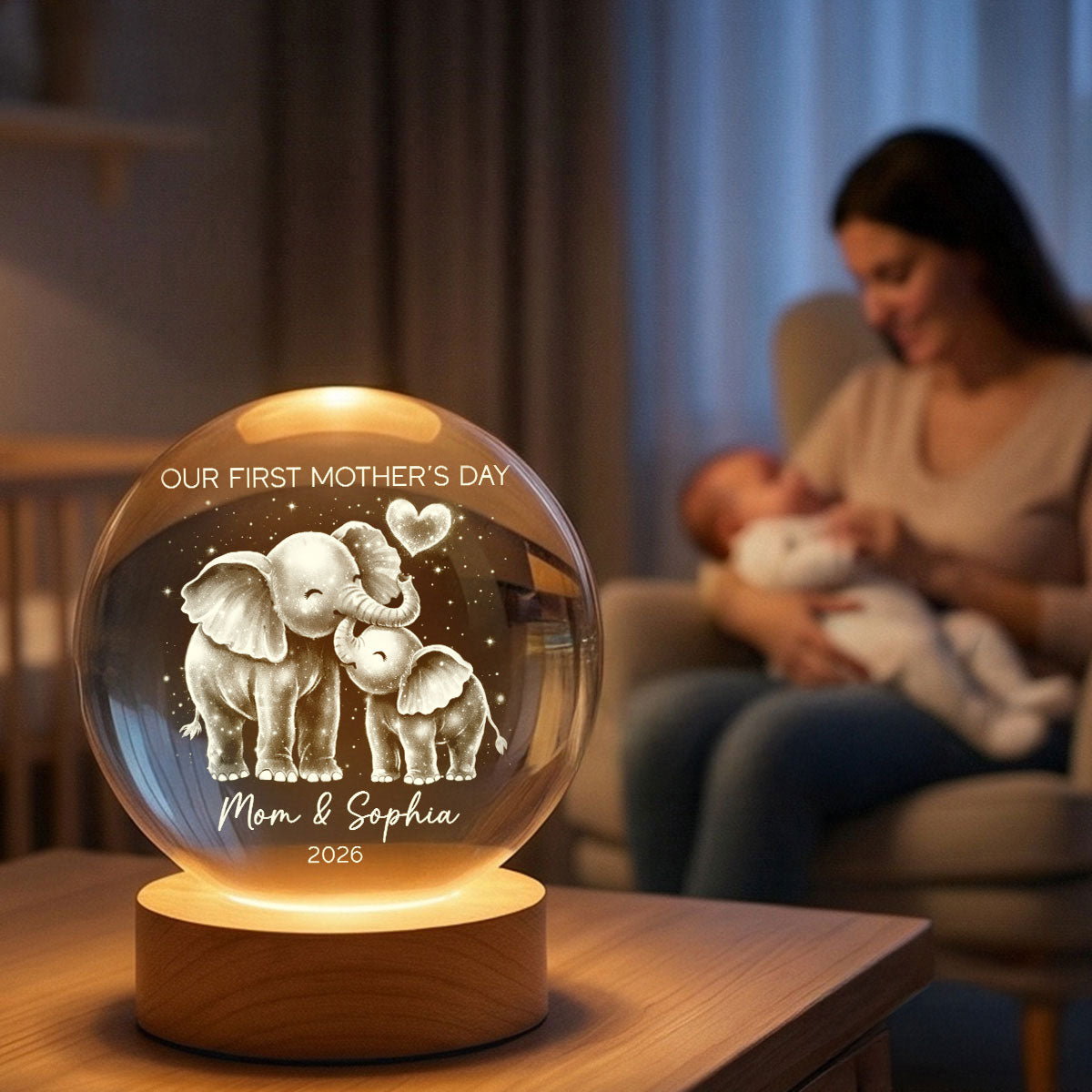 Elephant Mom And Baby Our First Mother's Day - Personalized Crystal Ball LED Night Light - First Mother's Day Gift For New Mom