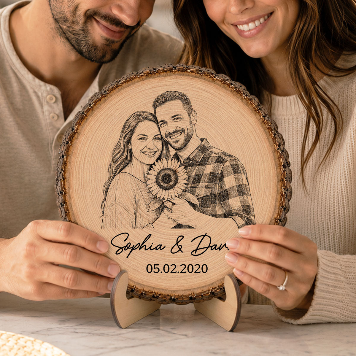 Sketch Style Couple Forever Love Custom Photo - Personalized 2-Layered Wooden Plaque - Anniversary Gift, Wedding Gift For Couple
