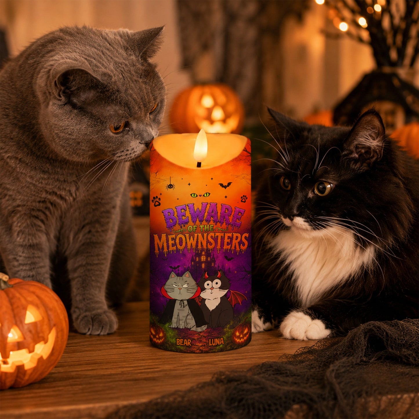Beware Of The Meownsters - Personalized LED Candle - Purrfect Halloween Decor for Cat Lover