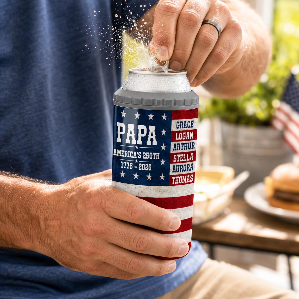 Proud American Dad Grandpa Custom Kids Name - Personalized 4-in-1 Can Cooler