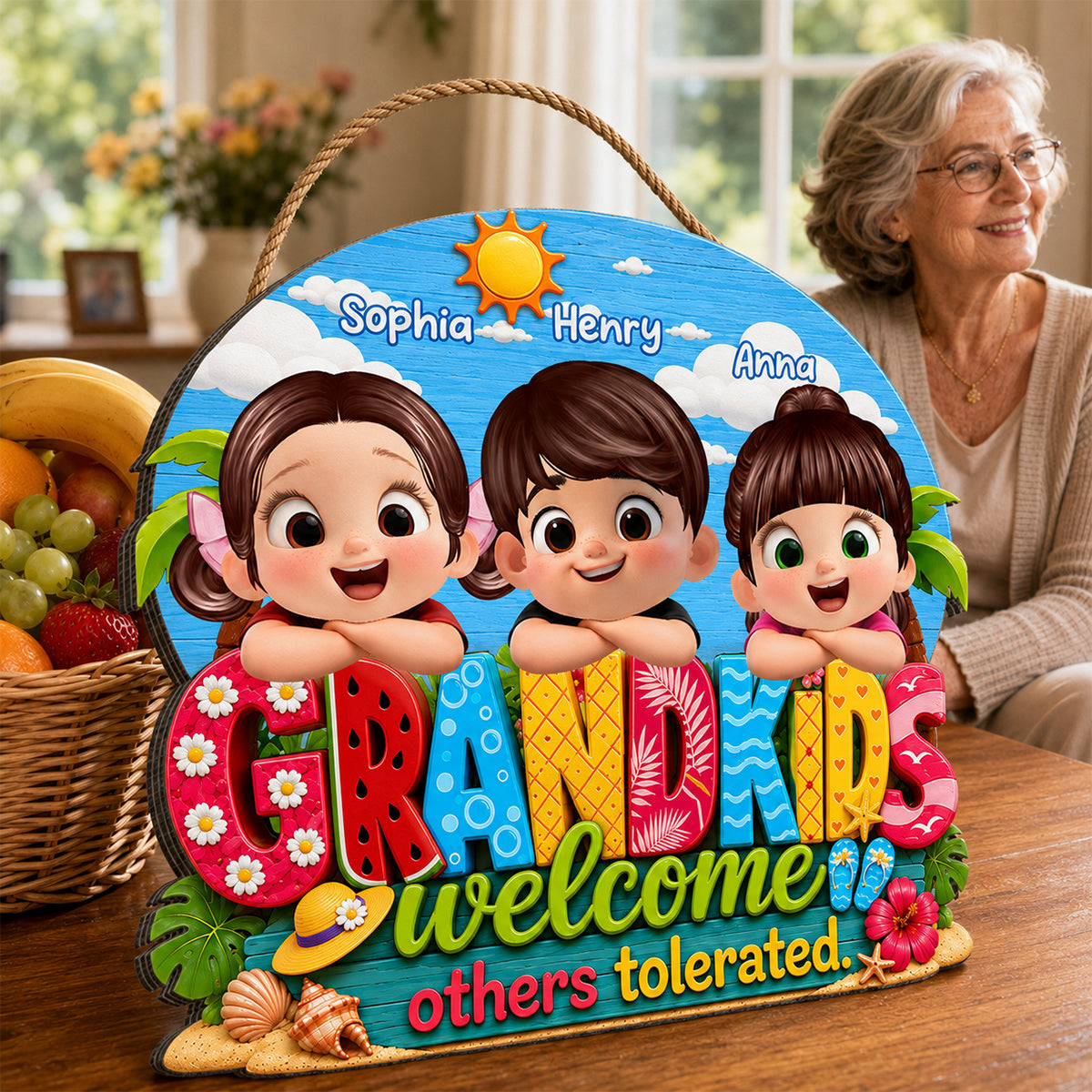 Grandkids Welcome Others Tolerated - Personalized Door Sign - Farmhouse Rustic Summer Decorations for Home