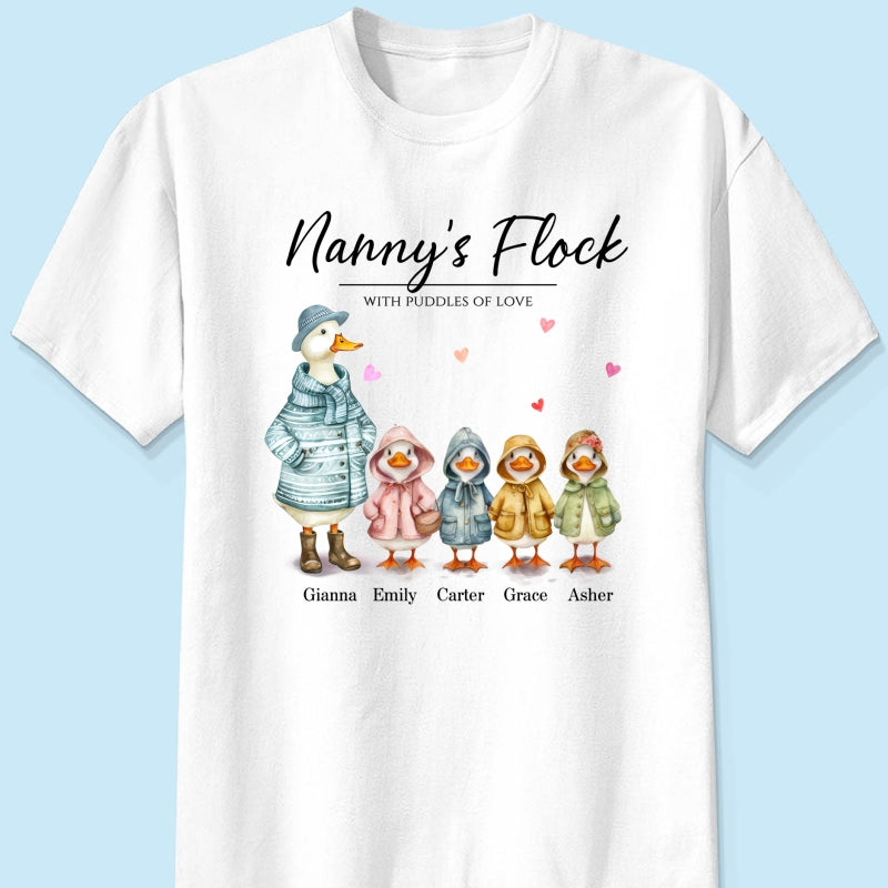 Nanny's Flock Gift For Grandma Nana Grammy Cute Watercolor Ducks Personalised Shirt, Mother's Day Gift
