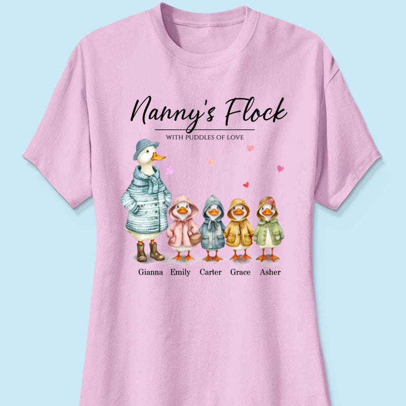Nanny's Flock Gift For Grandma Nana Grammy Cute Watercolor Ducks Personalised Shirt, Mother's Day Gift