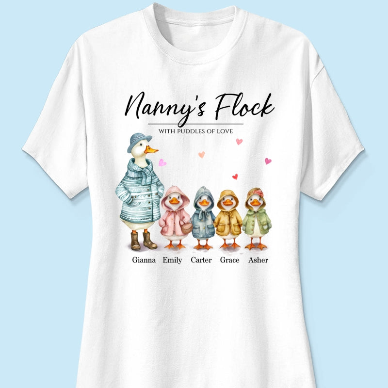 Nanny's Flock Gift For Grandma Nana Grammy Cute Watercolor Ducks Personalised Shirt, Mother's Day Gift