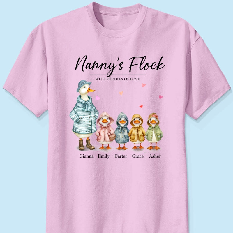 Nanny's Flock Gift For Grandma Nana Grammy Cute Watercolor Ducks Personalised Shirt, Mother's Day Gift