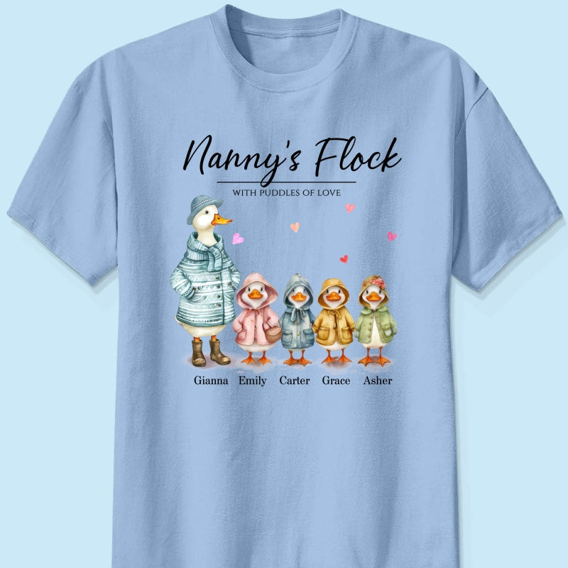 Nanny's Flock Gift For Grandma Nana Grammy Cute Watercolor Ducks Personalised Shirt, Mother's Day Gift