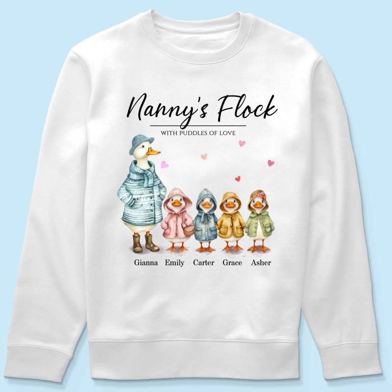 Nanny's Flock Gift For Grandma Nana Grammy Cute Watercolor Ducks Personalised Shirt, Mother's Day Gift