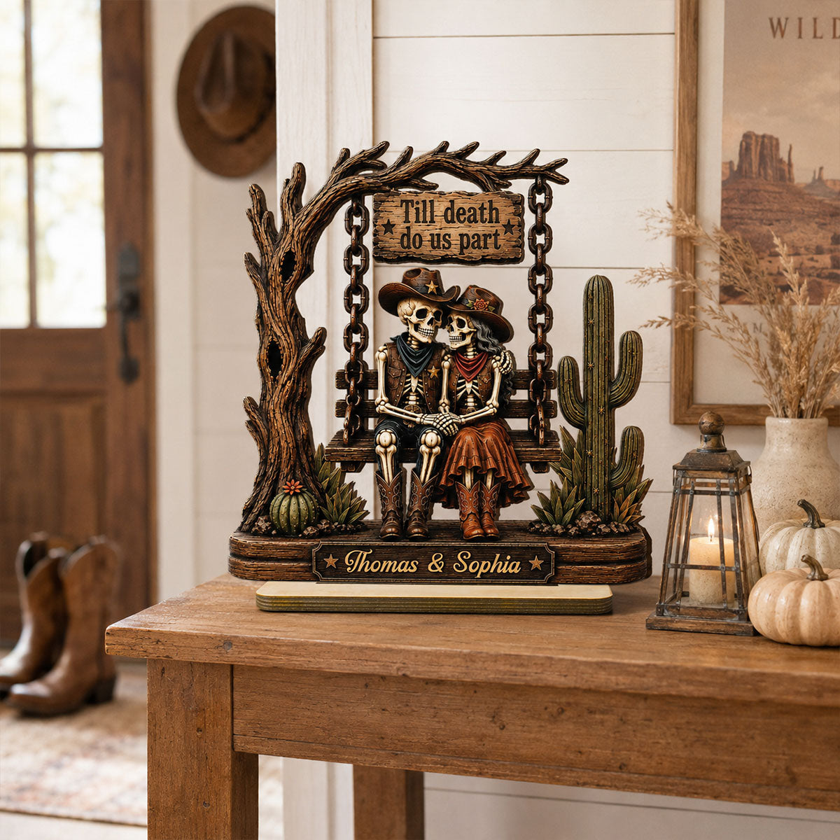 Till Death Do Us Part Cowboy Skeleton Couple 2D Flat - Personalized 2-Layered Wooden Plaque - Western Country Vibe Halloween Decor For Couple