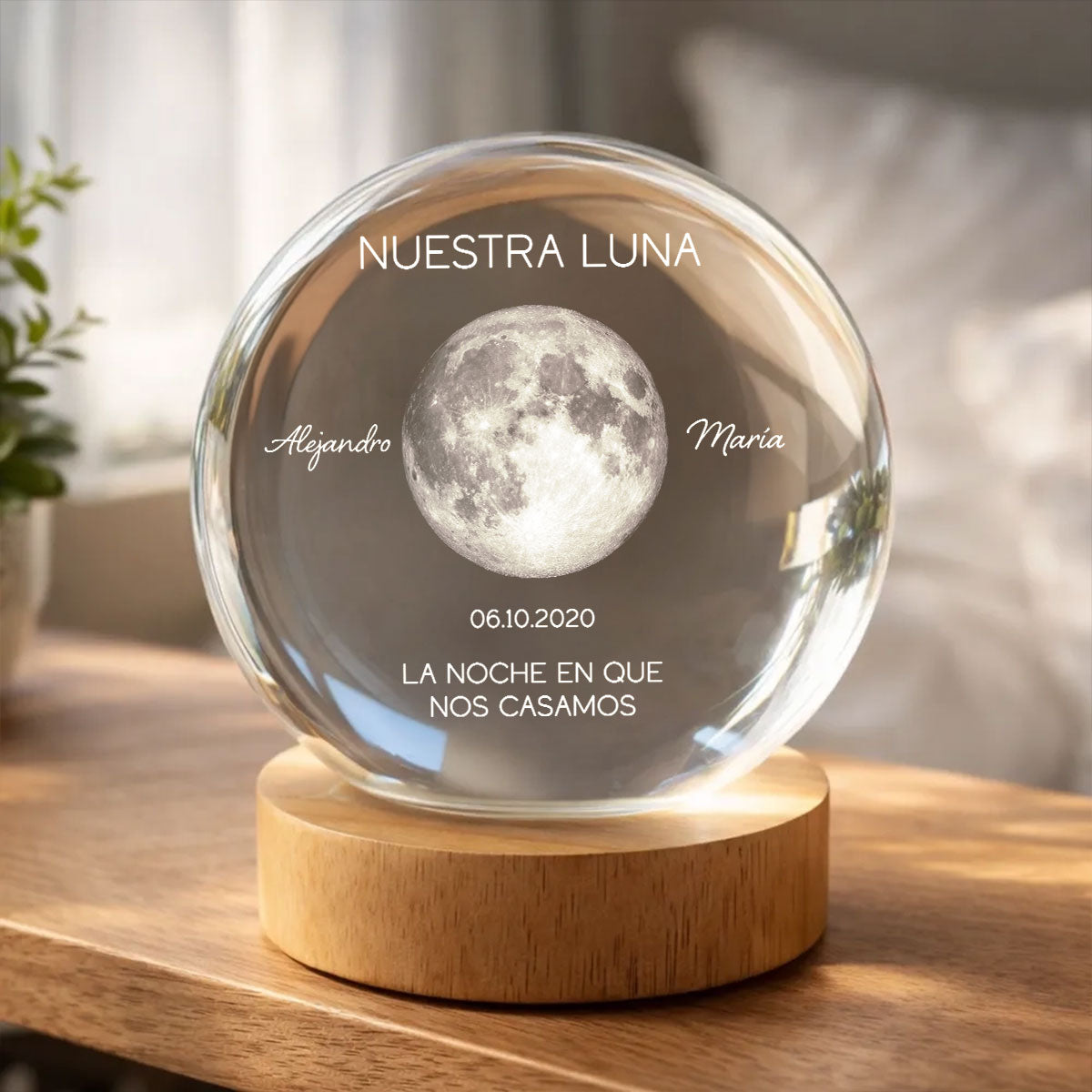 Nuestra Luna – Fase Lunar Personalizada por Fecha – Bola de Cristal con Luz Nocturna – Regalo de Aniversario